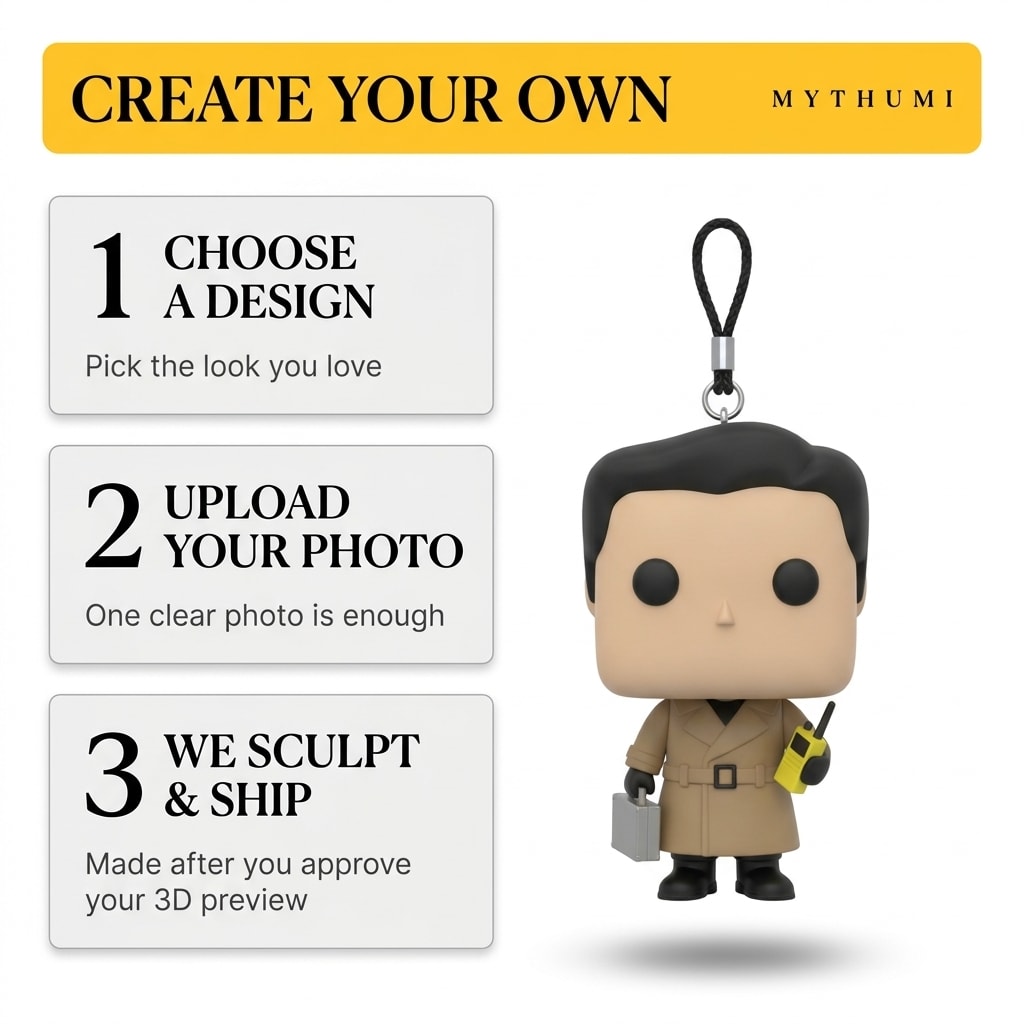Illustration: three-step poster showing how to order a trench coat agent block-head keychain