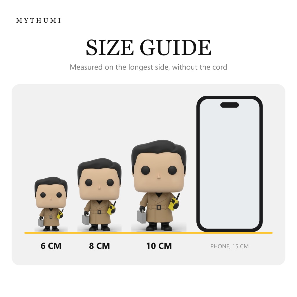 Illustration: size guide showing the trench coat agent block-head keychain at 6, 8 and 10 cm next to a phone