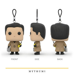 Illustration: front, side and back views of the trench coat agent block-head keychain