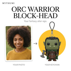 Illustration: before-and-after poster of a photo becoming a orc warrior block-head keychain