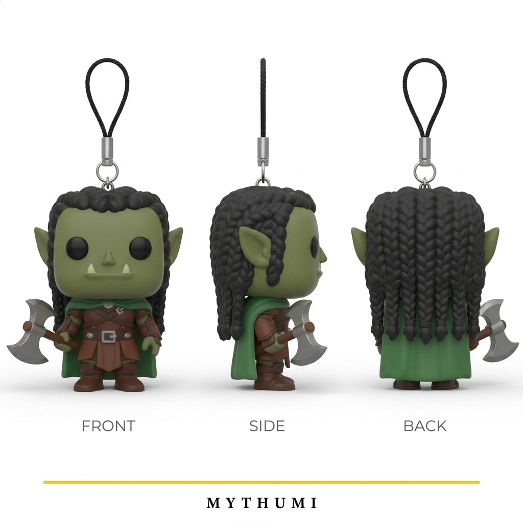 Illustration: front, side and back views of the orc warrior block-head keychain