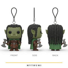 Illustration: front, side and back views of the orc warrior block-head keychain