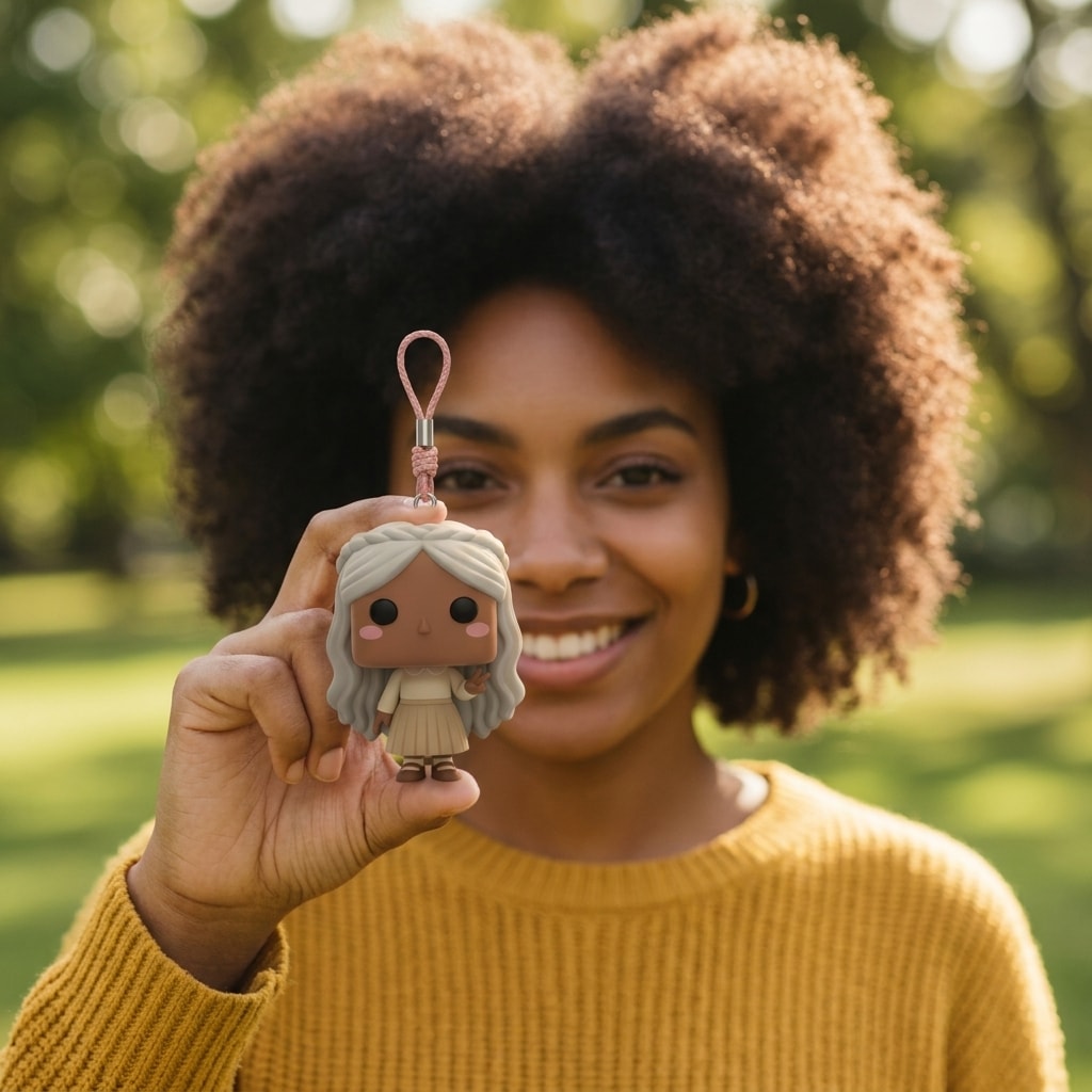 Illustration: a person holding up their braided crown block-head keychain by its cord