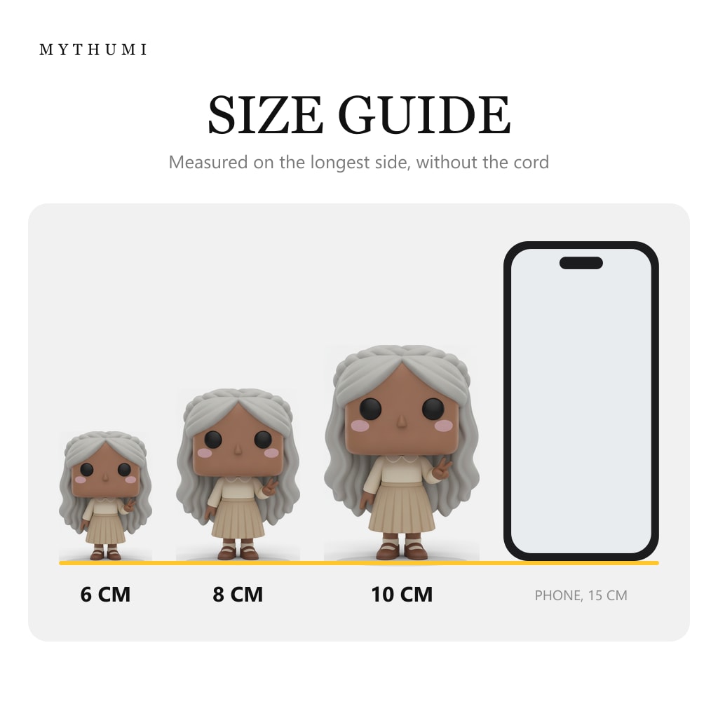 Illustration: size guide showing the braided crown block-head keychain at 6, 8 and 10 cm next to a phone