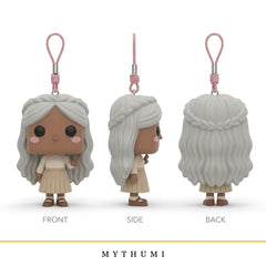 Illustration: front, side and back views of the braided crown block-head keychain