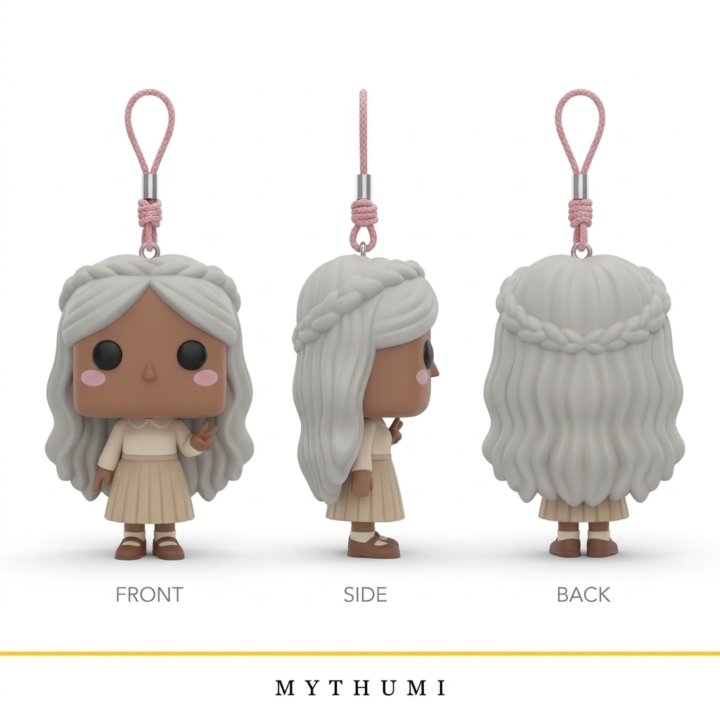 Illustration: front, side and back views of the braided crown block-head keychain
