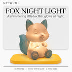 Illustration: the fox night light glowing on a yellow platform under the MYTHUMI headline