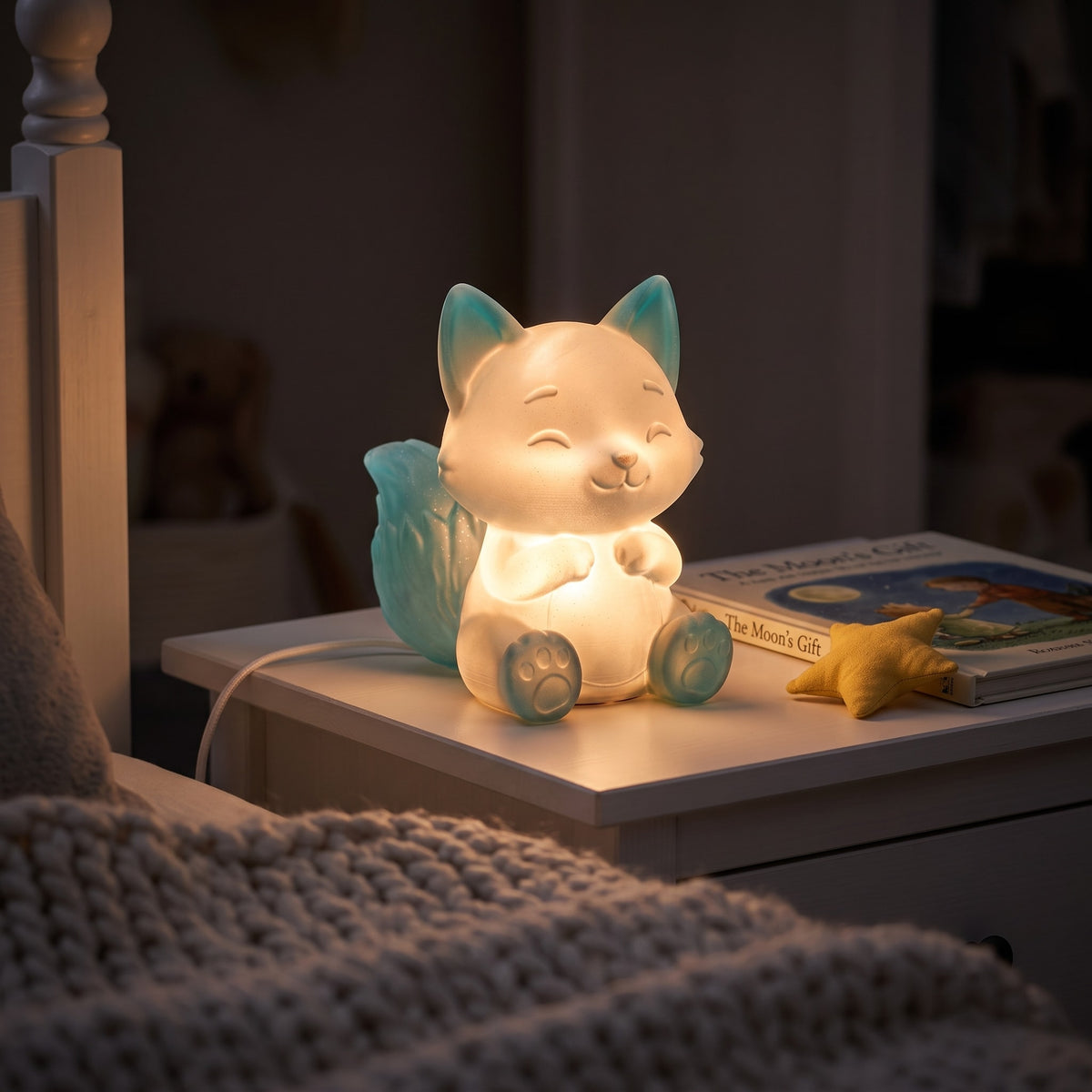 Illustration: the fox night light glowing at night in a child's bedroom beside a picture book
