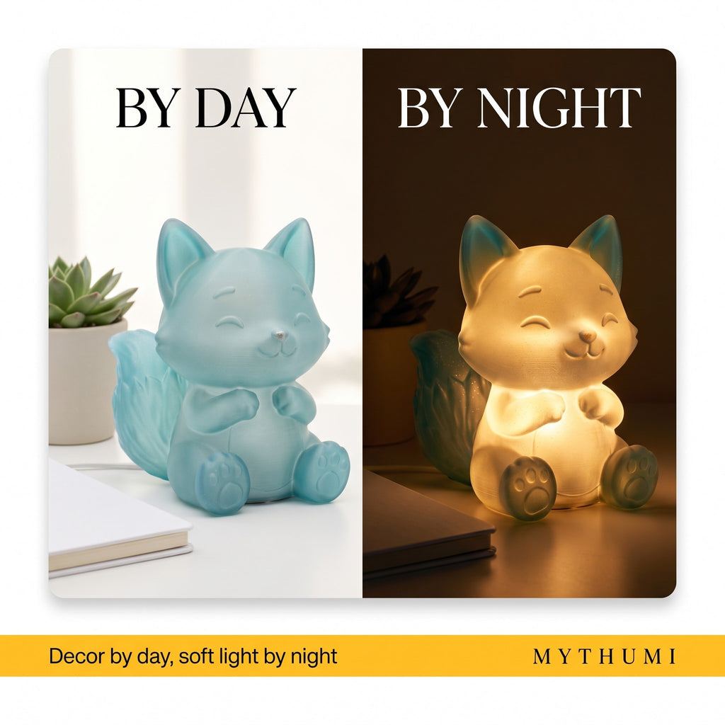 Illustration: split image of the fox night light switched off in daylight and glowing warmly at night