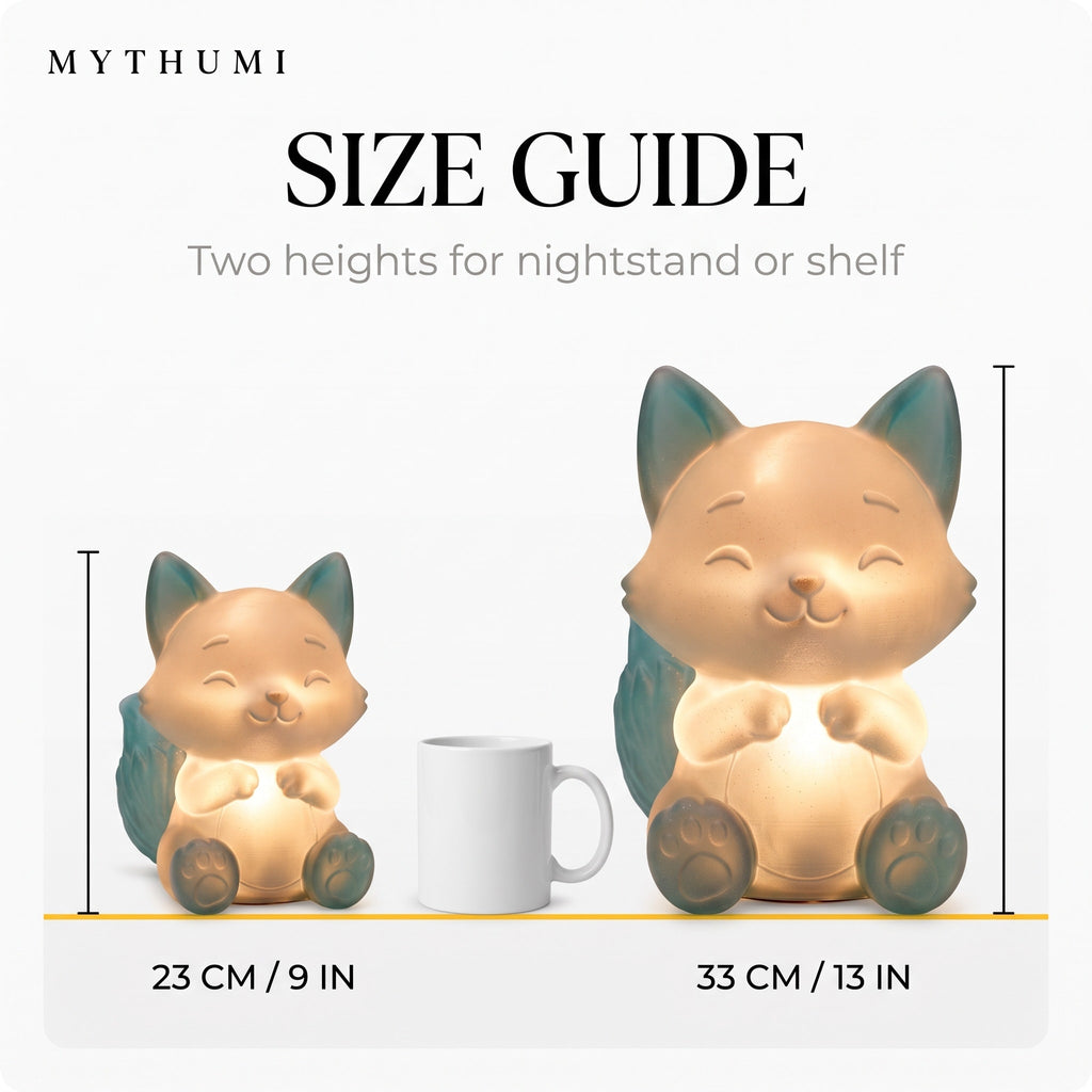 Illustration: size guide showing the fox night light at 23 cm and 33 cm tall beside a coffee mug