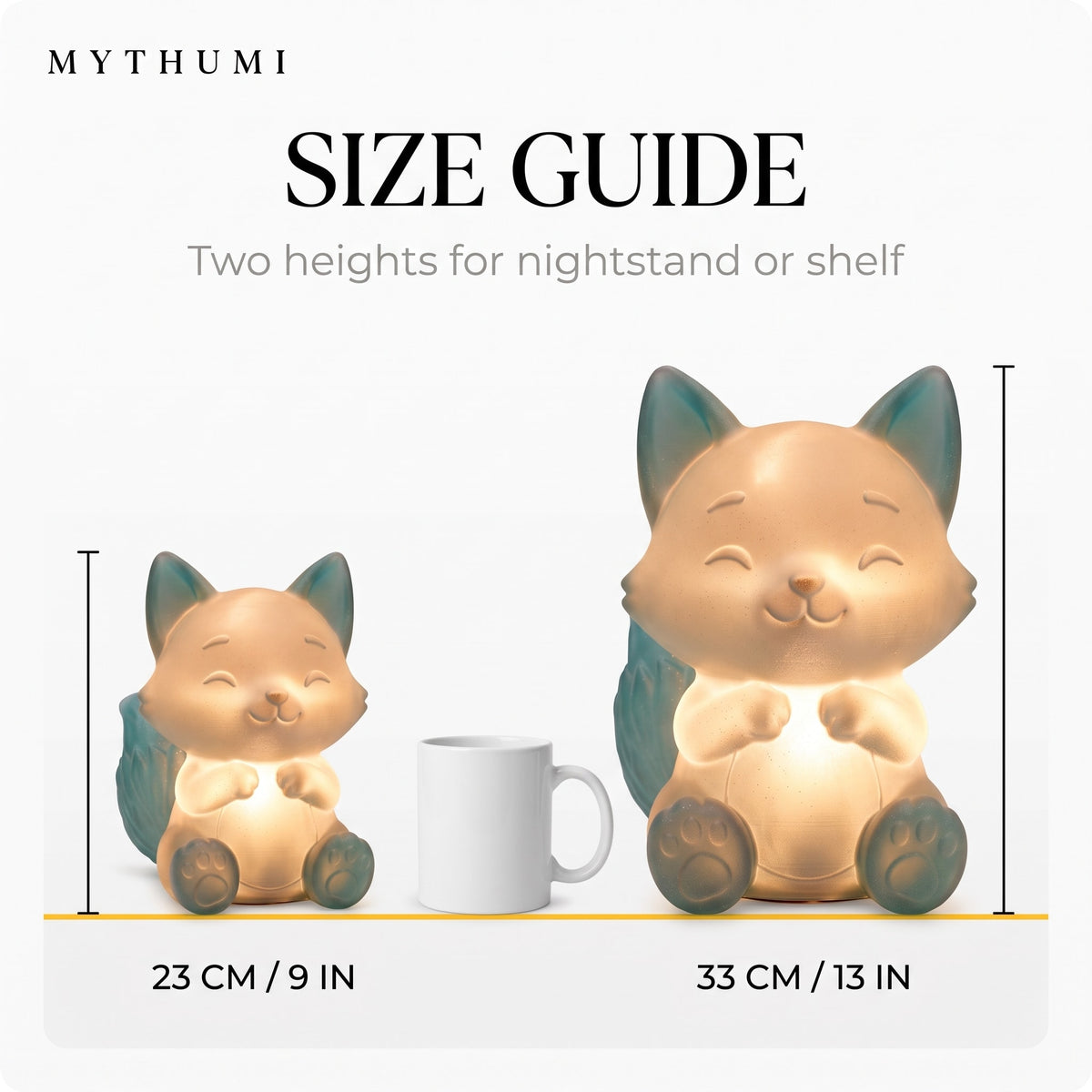 Illustration: size guide showing the fox night light at 23 cm and 33 cm tall beside a coffee mug