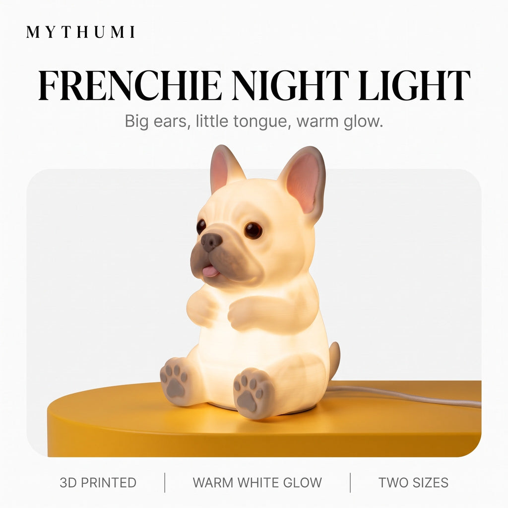 Illustration: the French bulldog night light glowing on a yellow platform under the MYTHUMI headline