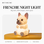 Illustration: the French bulldog night light glowing on a yellow platform under the MYTHUMI headline