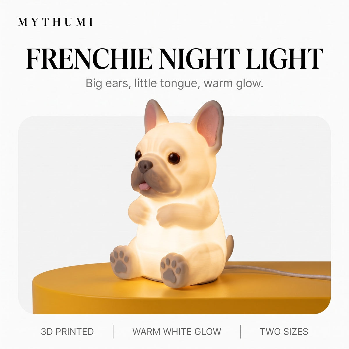 Illustration: the French bulldog night light glowing on a yellow platform under the MYTHUMI headline