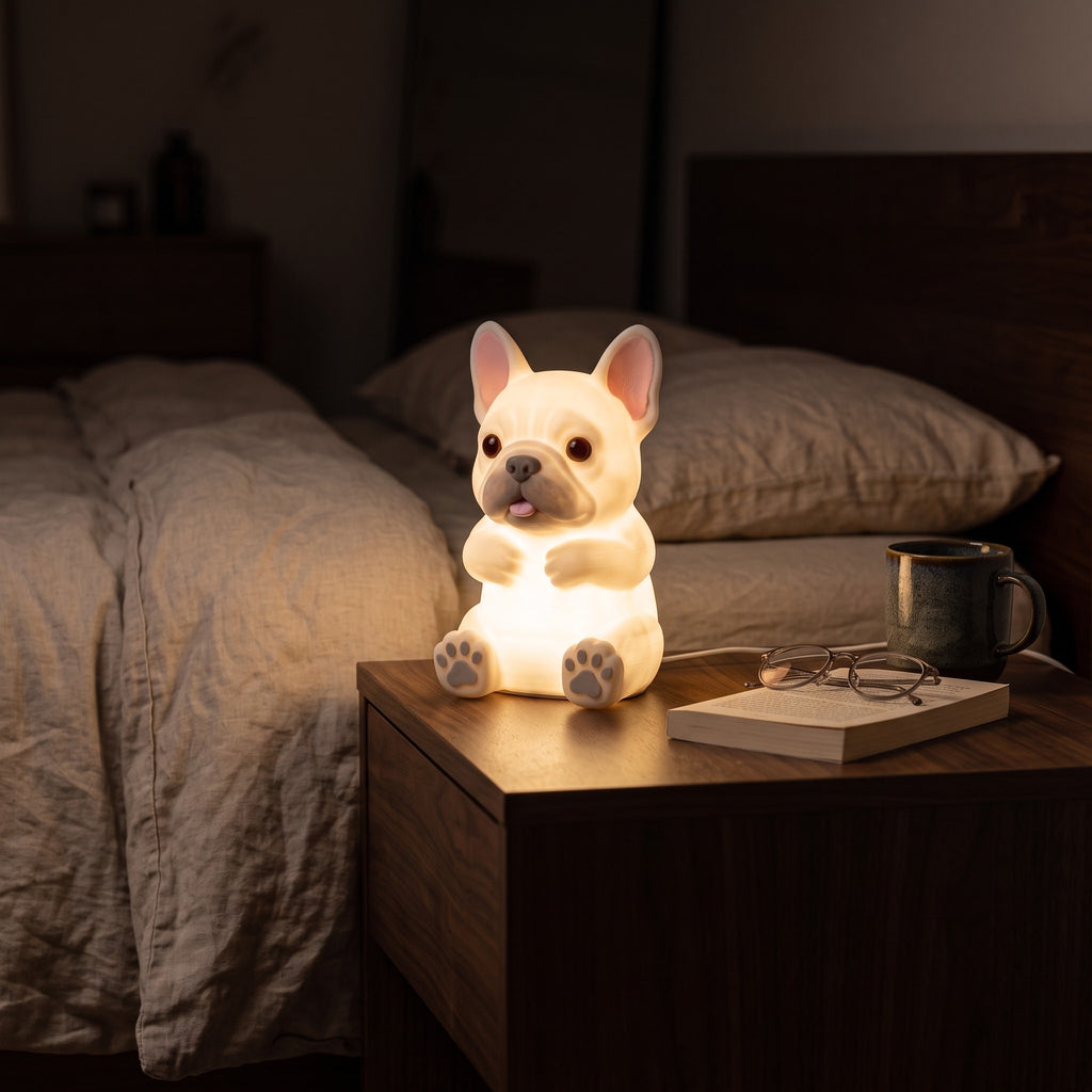 Illustration: the French bulldog night light glowing at night in a bedroom on a walnut bedside table