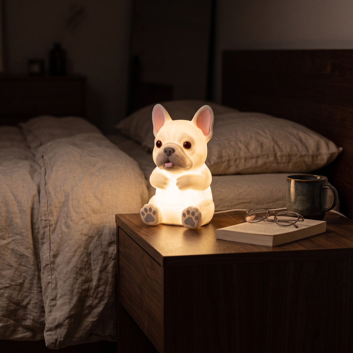 Illustration: the French bulldog night light glowing at night in a bedroom on a walnut bedside table