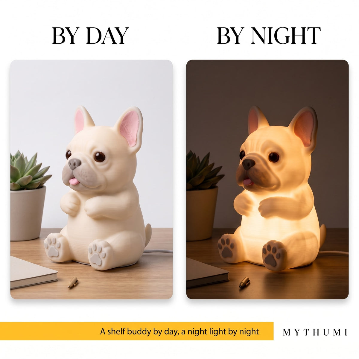 Illustration: split image of the French bulldog night light switched off in daylight and glowing warmly at night