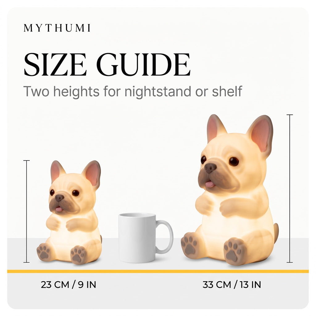 Illustration: size guide showing the French bulldog night light at 23 cm and 33 cm tall beside a coffee mug