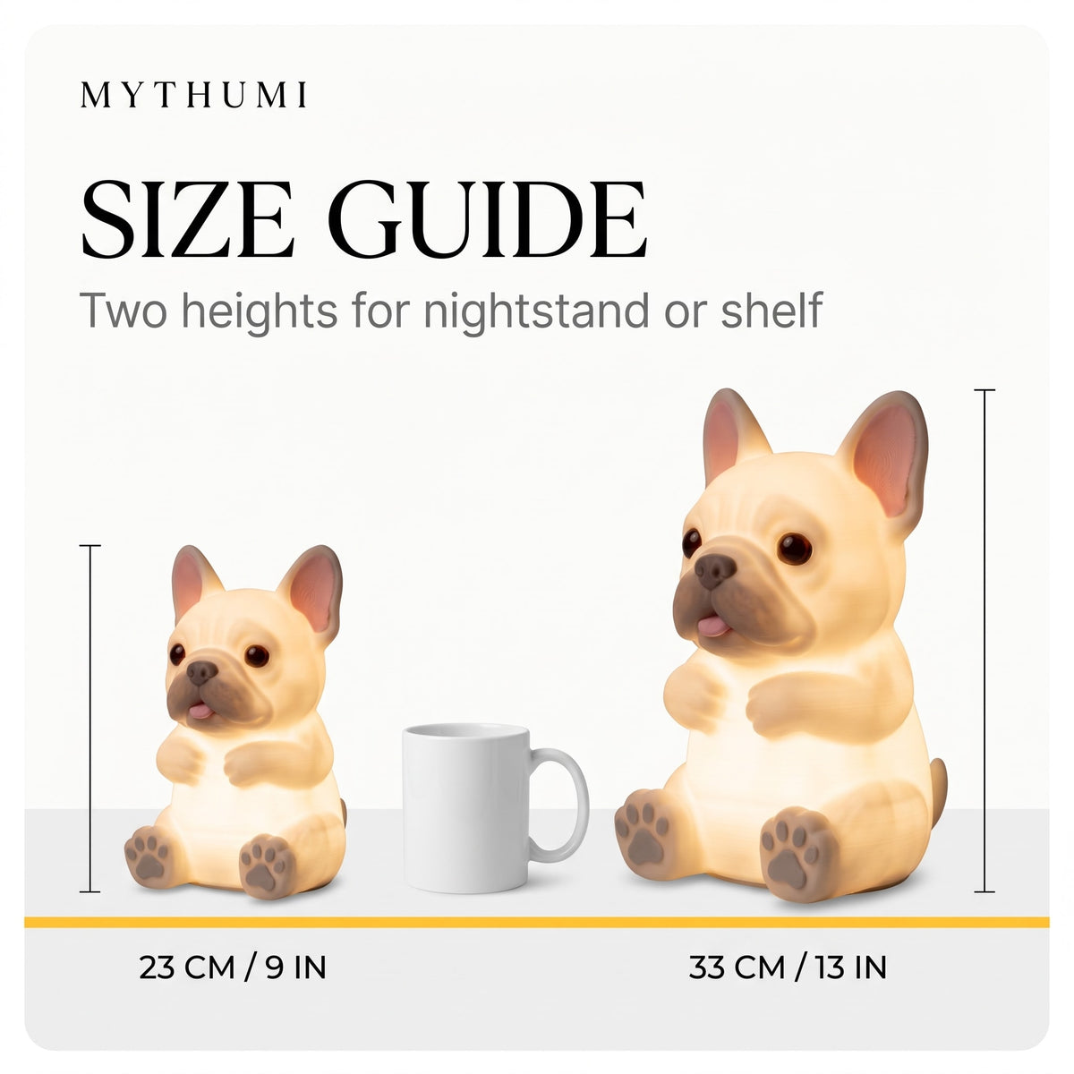 Illustration: size guide showing the French bulldog night light at 23 cm and 33 cm tall beside a coffee mug