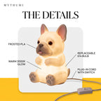 Illustration: labelled diagram of the French bulldog night light showing the PLA shell, warm 3000K glow, E14 bulb and inline switch