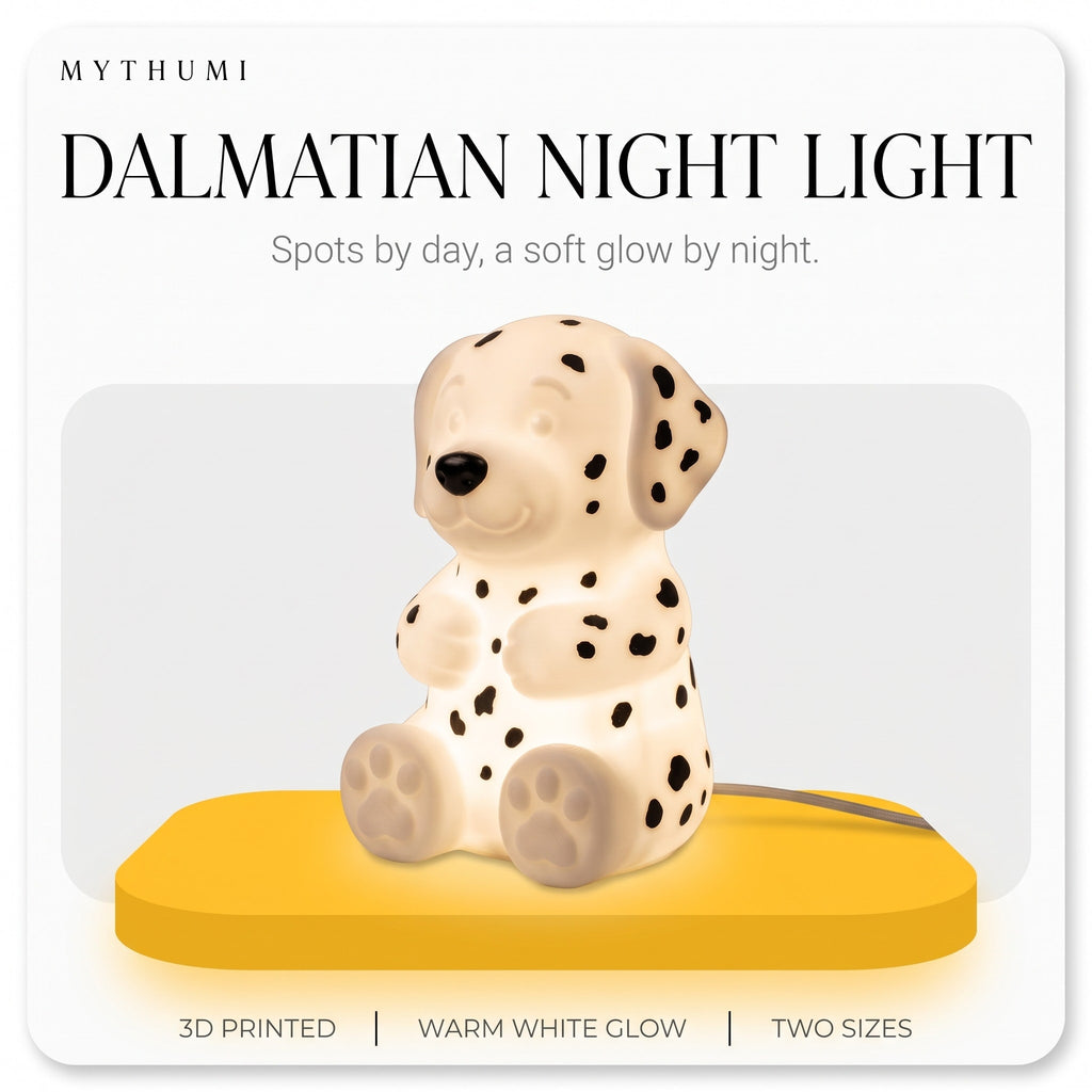 Illustration: the Dalmatian night light glowing on a yellow platform under the MYTHUMI headline