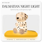Illustration: the Dalmatian night light glowing on a yellow platform under the MYTHUMI headline