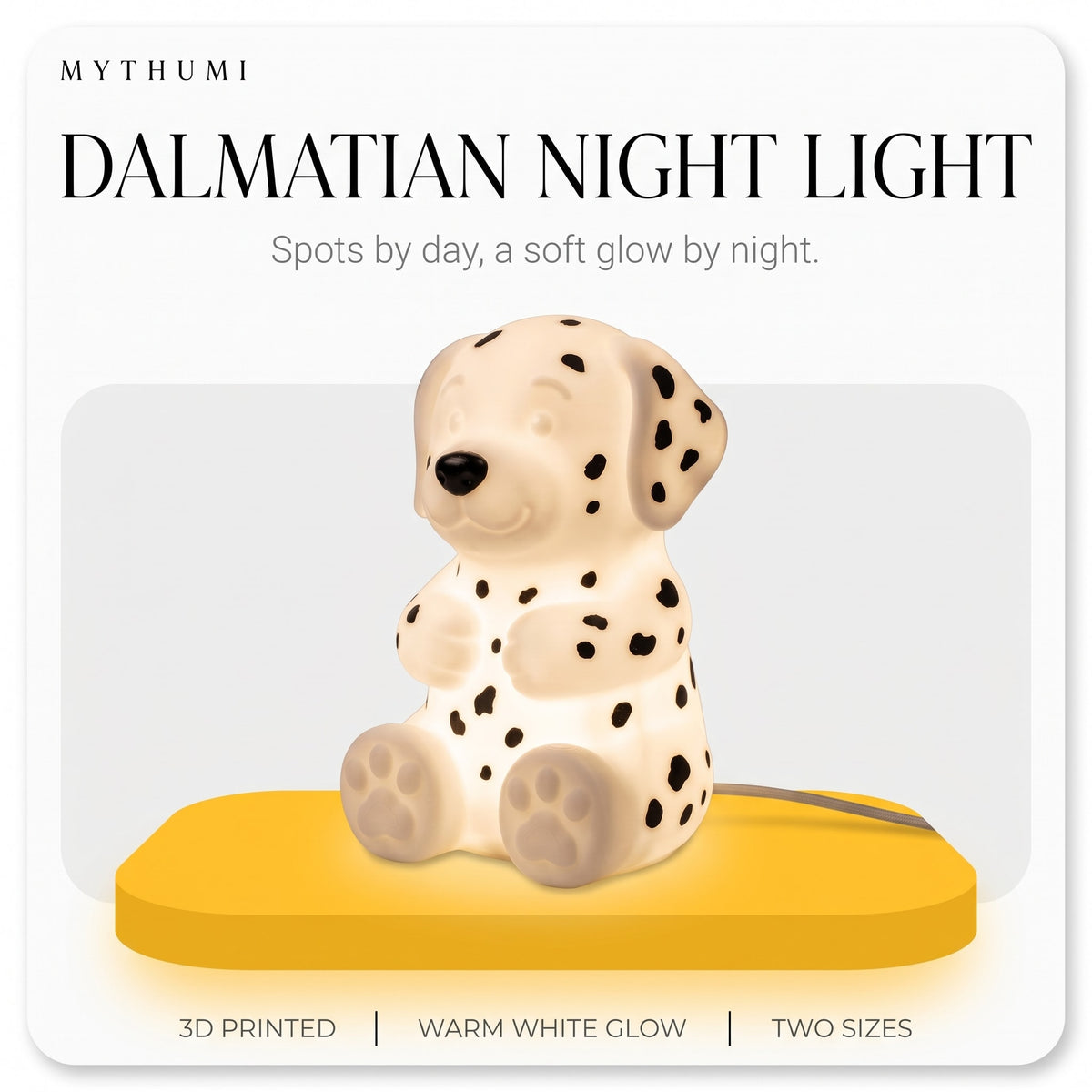 Illustration: the Dalmatian night light glowing on a yellow platform under the MYTHUMI headline