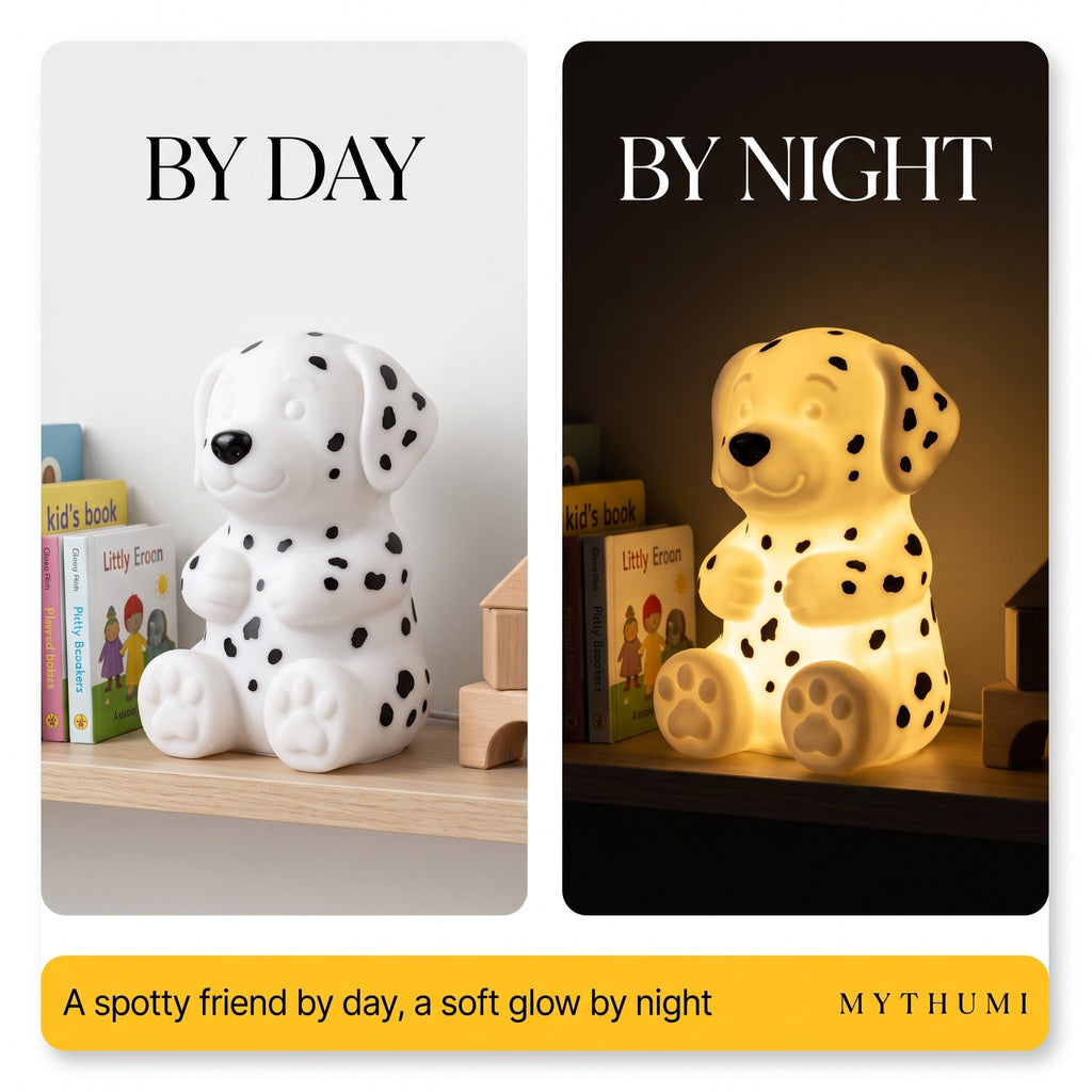 Illustration: split image of the Dalmatian night light switched off in daylight and glowing warmly at night