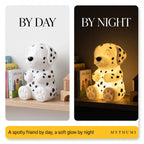 Illustration: split image of the Dalmatian night light switched off in daylight and glowing warmly at night