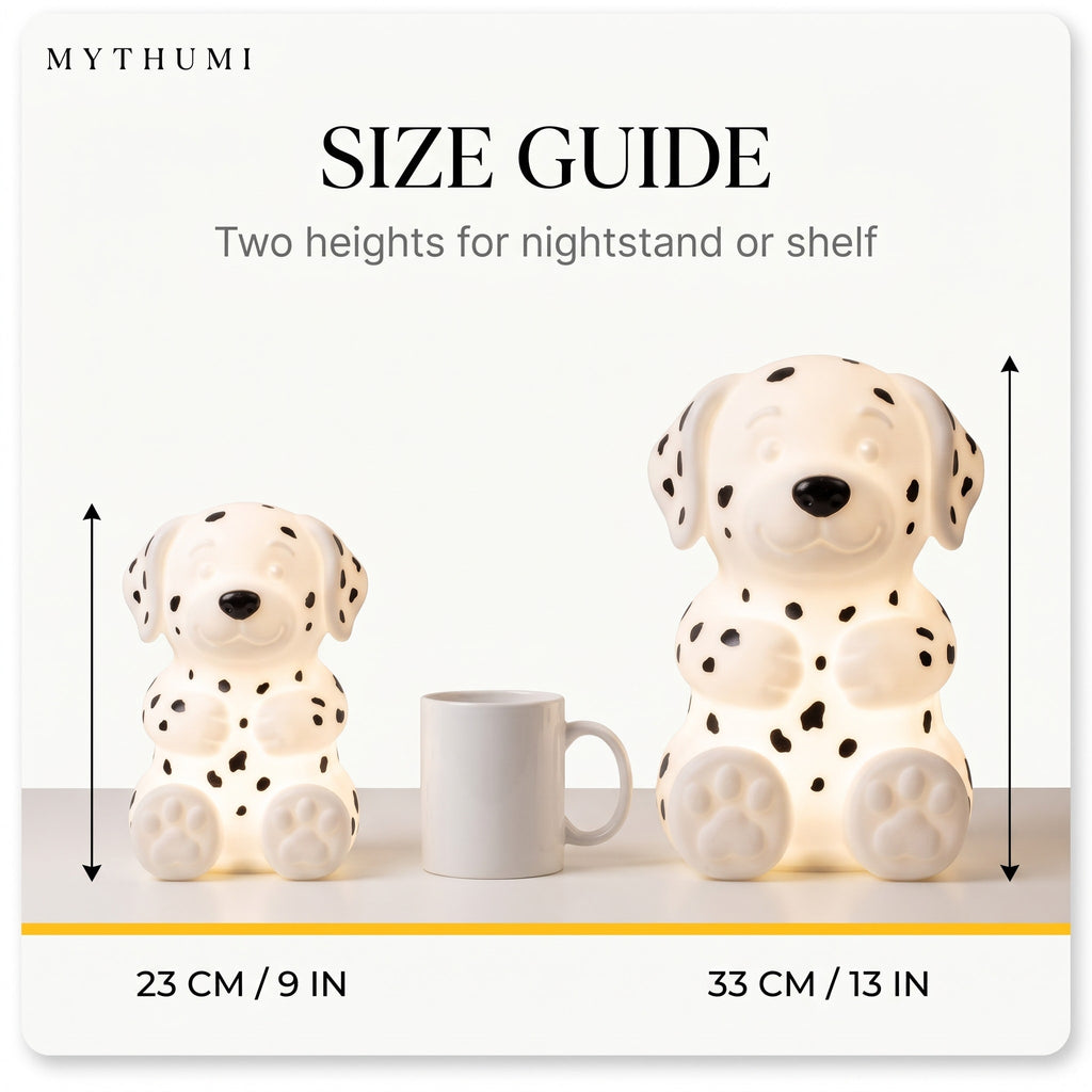 Illustration: size guide showing the Dalmatian night light at 23 cm and 33 cm tall beside a coffee mug