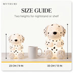 Illustration: size guide showing the Dalmatian night light at 23 cm and 33 cm tall beside a coffee mug