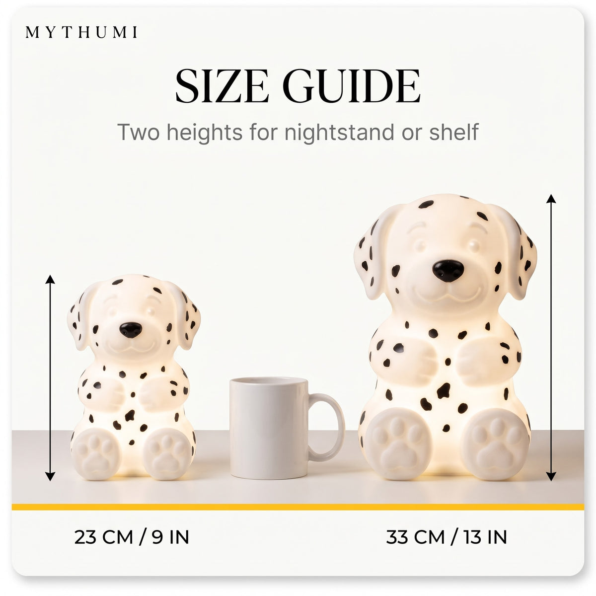Illustration: size guide showing the Dalmatian night light at 23 cm and 33 cm tall beside a coffee mug