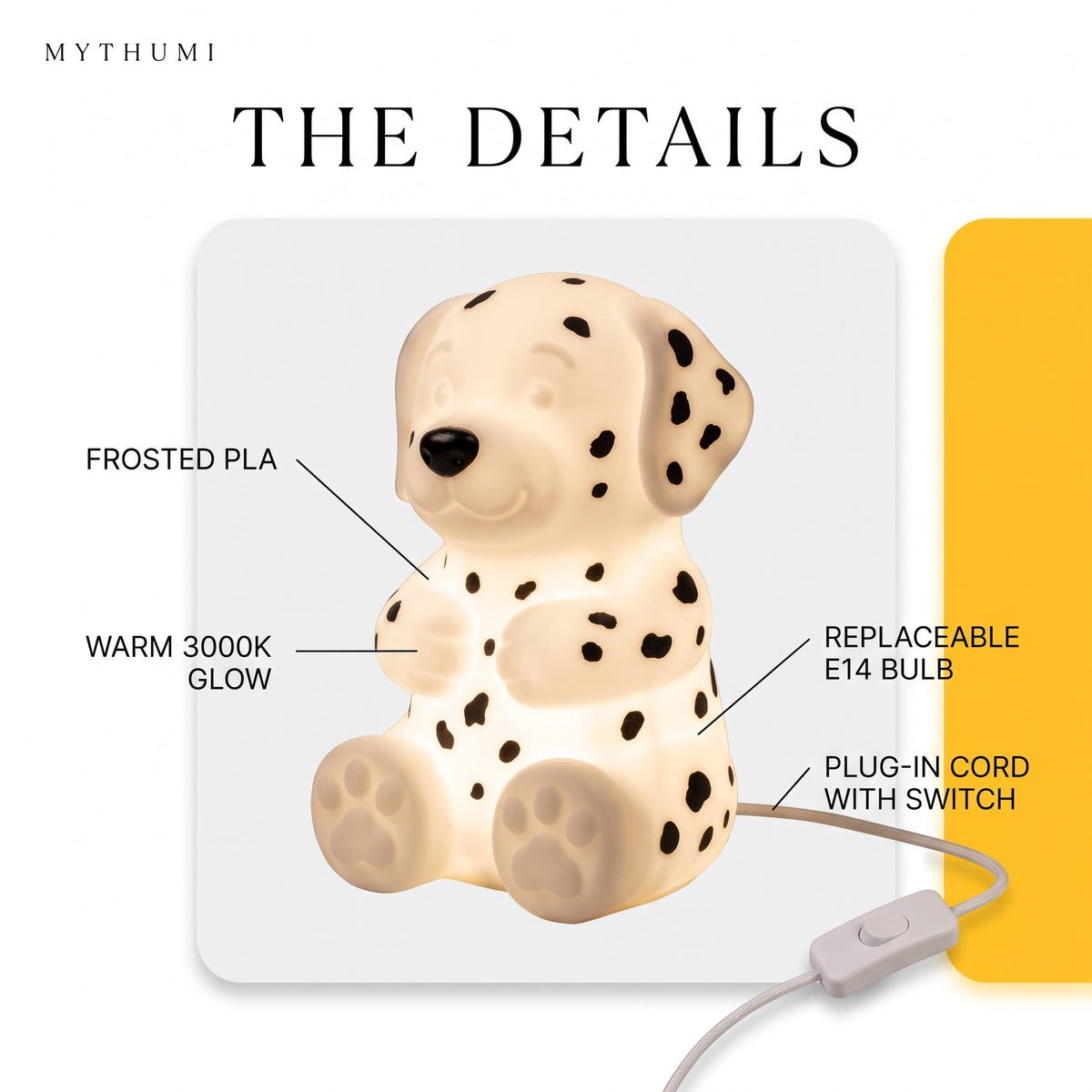 Illustration: labelled diagram of the Dalmatian night light showing the PLA shell, warm 3000K glow, E14 bulb and inline switch