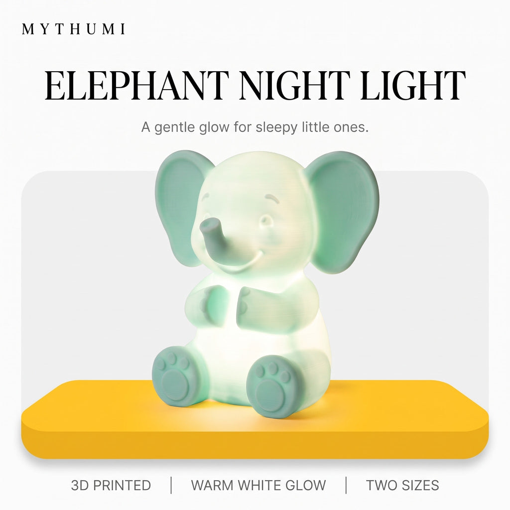 Illustration: the elephant night light glowing on a yellow platform under the MYTHUMI headline