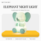 Illustration: the elephant night light glowing on a yellow platform under the MYTHUMI headline