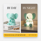 Illustration: split image of the elephant night light switched off in daylight and glowing warmly at night
