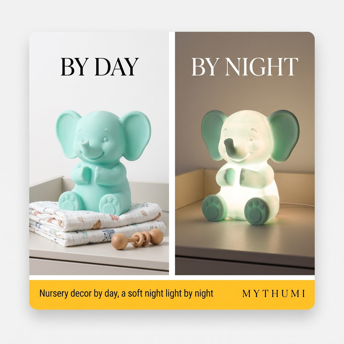 Illustration: split image of the elephant night light switched off in daylight and glowing warmly at night
