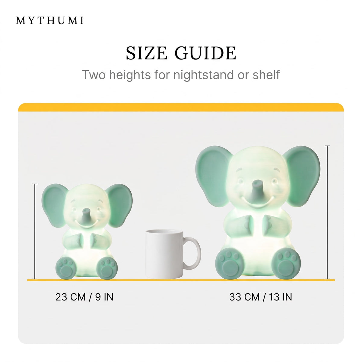 Illustration: size guide showing the elephant night light at 23 cm and 33 cm tall beside a coffee mug