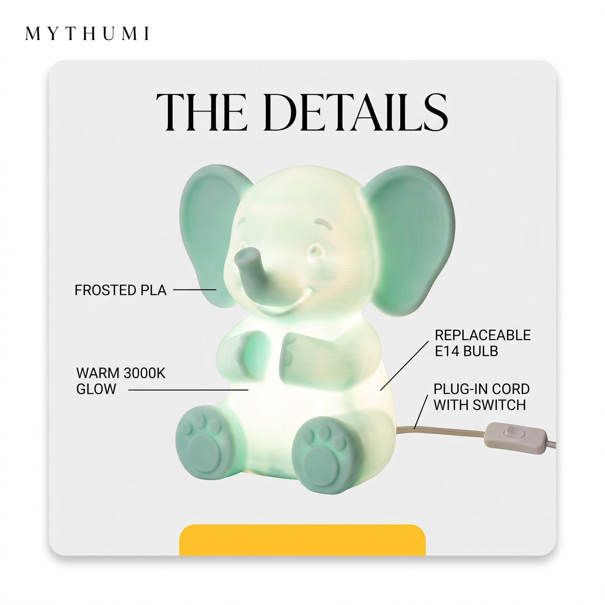 Illustration: labelled diagram of the elephant night light showing the PLA shell, warm 3000K glow, E14 bulb and inline switch