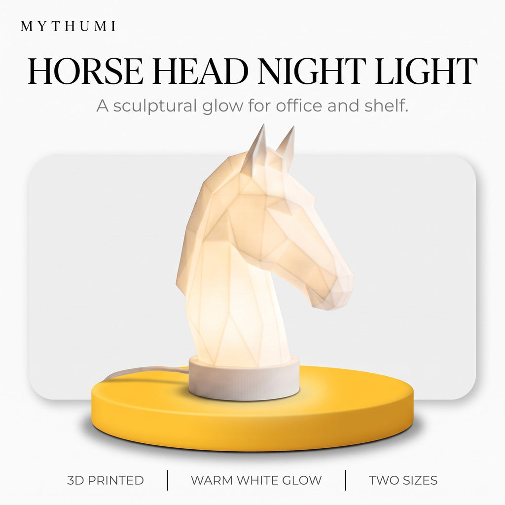 Illustration: the horse head lamp glowing on a yellow platform under the MYTHUMI headline