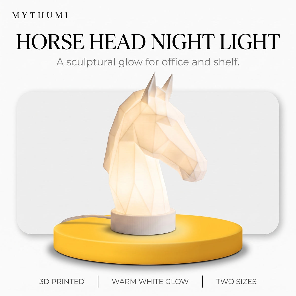 Illustration: the horse head lamp glowing on a yellow platform under the MYTHUMI headline