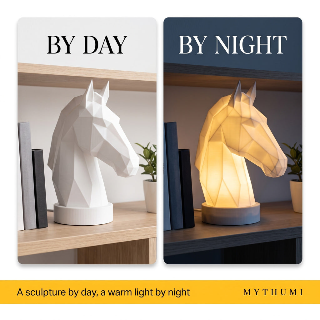 Illustration: split image of the horse head lamp switched off in daylight and glowing warmly at night