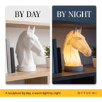 Illustration: split image of the horse head lamp switched off in daylight and glowing warmly at night