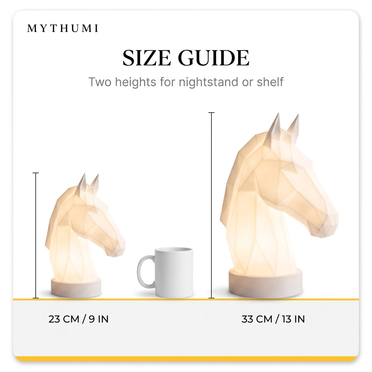 Illustration: size guide showing the horse head lamp at 23 cm and 33 cm tall beside a coffee mug