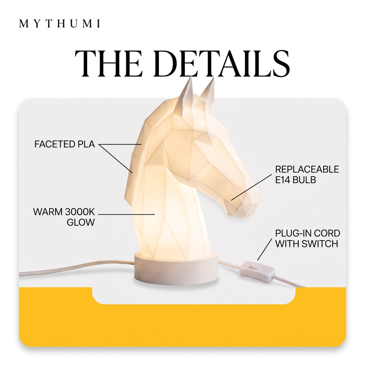 Illustration: labelled diagram of the horse head lamp showing the PLA shell, warm 3000K glow, E14 bulb and inline switch