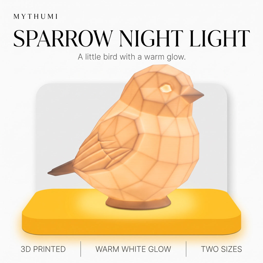 Illustration: the sparrow lamp glowing on a yellow platform under the MYTHUMI headline