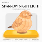 Illustration: the sparrow lamp glowing on a yellow platform under the MYTHUMI headline