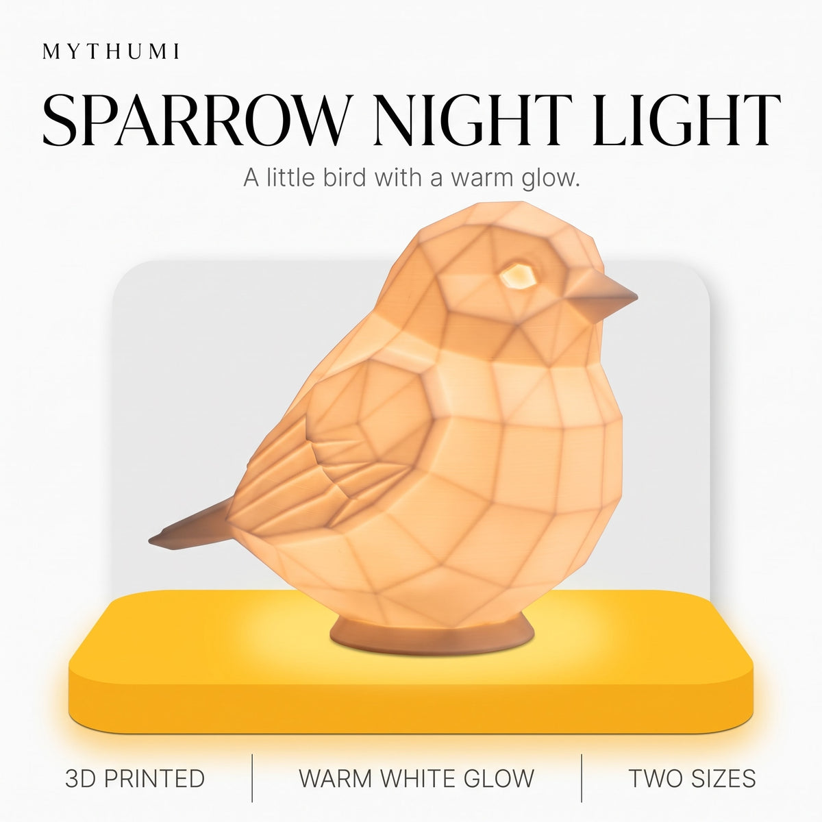 Illustration: the sparrow lamp glowing on a yellow platform under the MYTHUMI headline