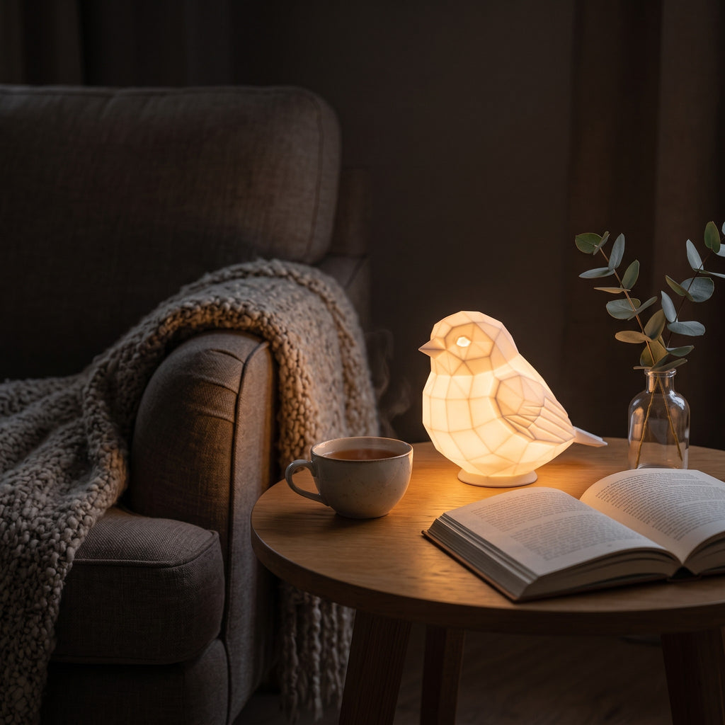 Illustration: the sparrow lamp glowing at night in a living-room reading nook beside an open book and tea