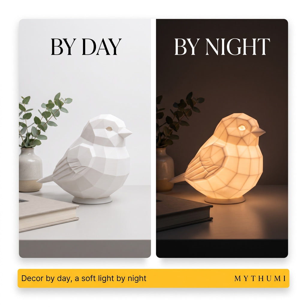 Illustration: split image of the sparrow lamp switched off in daylight and glowing warmly at night